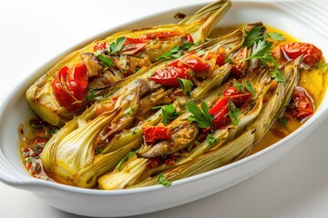 Fresh artichokes cooked with flavorful tomatoes and aromatic herbs, perfect for a healthy meal or appetizer