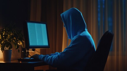 Hooded Figure Working on a Computer