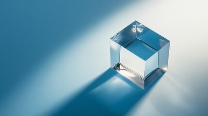 Wall Mural - Glass cube is standing on a blue background, catching the light and casting a subtle shadow. The image evokes concepts of clarity, transparency, and minimalism