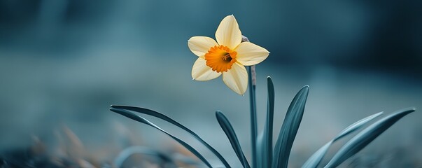 Poster - Blooming yellow daffodil in a garden symbolizes spring, with vibrant petals against a green backdrop, capturing the essence of the season. Enjoy the beauty of this single flower in full bloom