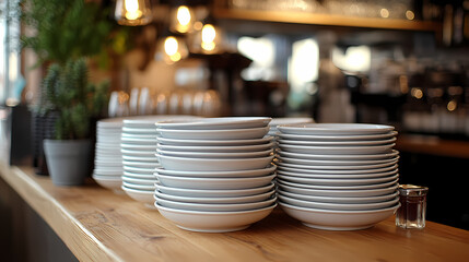 Clean dishes on the bar counter close-up. Restaurant bar with copy space and ready for work.