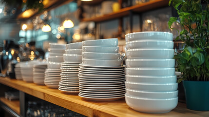 Clean dishes on the bar counter close-up. Restaurant bar with copy space and ready for work.