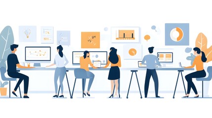 Wall Mural - Diverse team collaborating in a modern office space with focus on data analysis.