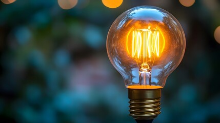 An illuminated vintage light bulb glowing in a soft bokeh background.