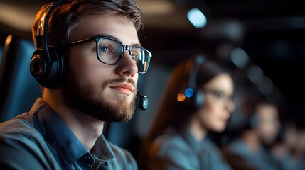 Wall Mural - Focused young Caucasian man in a headset at a modern workspace.