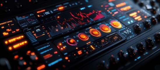 Close-up of a futuristic control panel with glowing buttons, dials, and a digital display showing data.