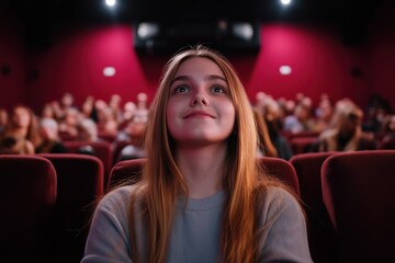 A girl is sitting in a movie theater with her eyes closed. She is smiling and looking at the screen