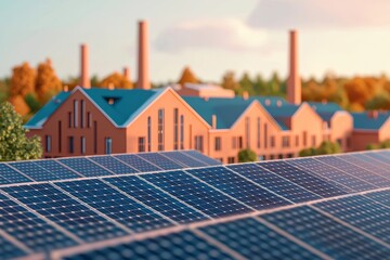 A vibrant solar panel installation in the foreground with modern residential buildings and smokestacks in the background, showcasing renewable energy in urban settings.