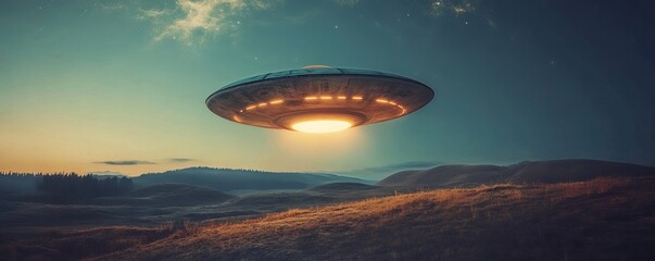 Wall Mural - mysterious, glowing unidentified flying object is hovering over a rural landscape, casting an eerie 