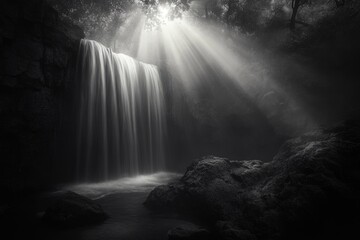 A serene black and white photograph of a waterfall