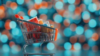 Overflowing shopping cart filled to the brim with various products each marked with a vibrant Black Friday discount tag set against a blurred store backdrop