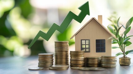 Aufkleber - A model house sits in front of stacks of coins, with a green arrow pointing upwards, indicating rising prices. There is a small plant on the right side of the image.