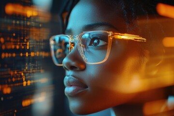 Wall Mural - a woman wearing glasses focuses on her computer screen