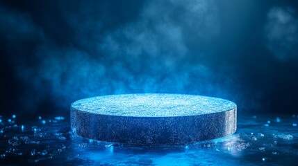 Poster - An illuminated ice disc rests on a surface, surrounded by a soft mist and shimmering water droplets. The atmosphere is moody and dark, highlighting the icy texture and ethereal light effects.