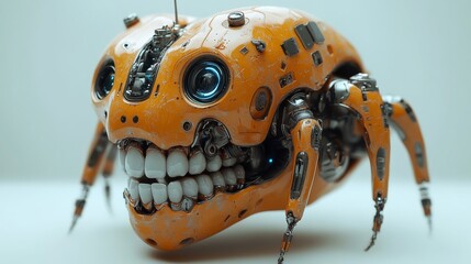 Sticker - Futuristic orange and black robot spider with glowing blue eyes and a full set of human teeth is posing on a white background