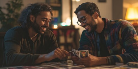 Two men are playing a card game, one of them is smiling. Scene is lighthearted and fun