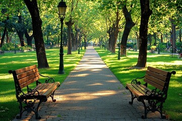 Two Benches Facing Each Other on a Brick Pathway in a Lush Park