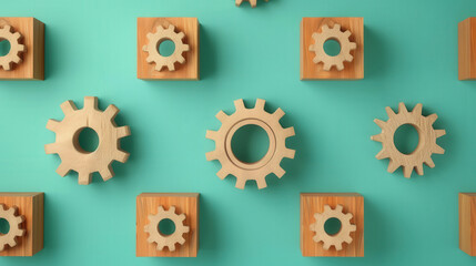 Wall Mural - imaginative gear patterns on wooden cubes, a creative flat design showcasing intricate gear motifs a