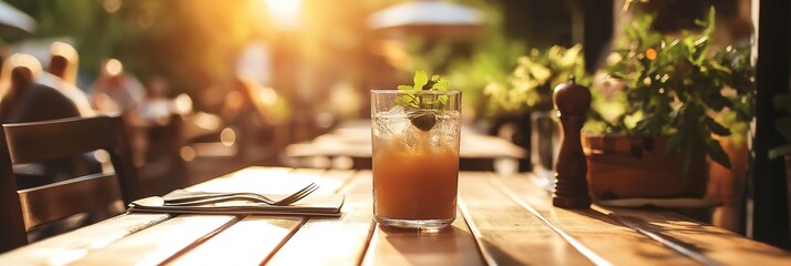 A refreshing drink with mint and ice sits on a wooden table, basking under golden sunlight in an outdoor setting.