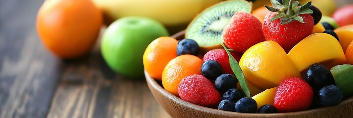 Poster - A wooden bowl overflows with vibrant, fresh fruit—kiwi, strawberries, and other colorful delights, evoke freshness.