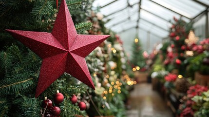 Red star ornament hanging among festive decorations in a greenhouse