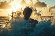 © Gatherina - Man emerging from ocean water with splash at sunset time