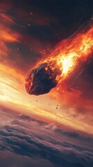 Wall Mural - massive asteroid hurtles through a distant planet's atmosphere. ablaze with fire and leaving a fiery