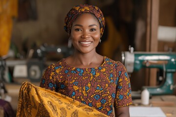 A woman smiles, holding colorful fabric in her hand at a sewing workshop, with vintage sewing machines in the background, reflecting creativity and craftsmanship.