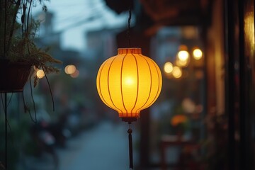 Wall Mural - Round paper lantern hanging in a street at twilight