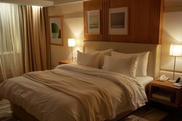 a simple hotel room interior with a single bed and two table lamps