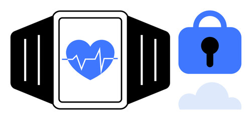 A smartwatch displaying a heart rate monitor alongside a blue lock icon and a cloud. Ideal for topics like health monitoring, wearable technology, data security, fitness apps, and cloud storage