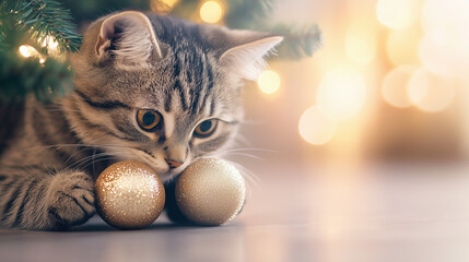 playful kitten explores shiny ornaments under Christmas tree, surrounded by warm, festive lights. scene captures joy and curiosity of holiday season