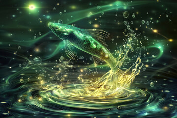 Wall Mural - vibrant fish leaps gracefully from shimmering water, surrounded by sparkling bubbles and ethereal light. enchanting scene captures sense of magic and wonder