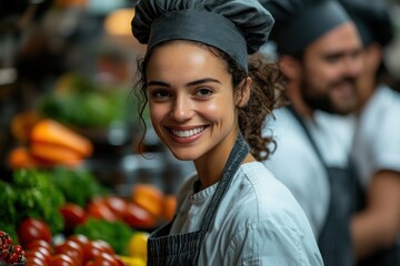 A female chef smiles confidently while standing in a bustling kitchen.  She is wearing a white shirt, a black apron, and a chef's hat.  Vegetables are visible in the background.