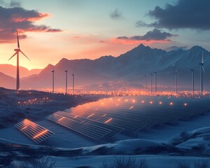 Poster - A stunning depiction of solar panels and wind turbines in unity, representing cuttingedge sustainable green energy solutions for a cleaner future