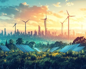 Poster - A stunning depiction of solar panels and wind turbines in unity, representing cuttingedge sustainable green energy solutions for a cleaner future