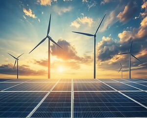 Poster - A stunning depiction of solar panels and wind turbines in unity, representing cuttingedge sustainable green energy solutions for a cleaner future