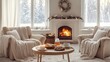 © Maria Zamchiy  - Minimalistic hygge living room interior in white color, room in cottage or guest house in winter snowy forest, fireplace and set tea table in warm modern room, winter holidays slowcation concept, AI