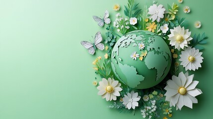 Wall Mural - Vibrant green Earth globe with papercut flowers and butterflies floating gently around set against a minimalistic pastel background Ideal for a World Environment Day celebration concept