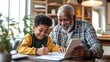 © Maria Zamchiy  - Senior black man and kid watching notebook and writing, grandfather helping grandson with homework. Grandpa is teaching grandson, home education, deep family connections, AI generative image