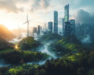 Poster - A futuristic vision of sustainable energy solutions in a thriving ecosystem, showcasing innovative ecofriendly technologies for a greener future