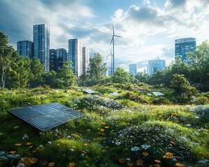 Poster - A futuristic vision of sustainable energy solutions in a thriving ecosystem, showcasing innovative ecofriendly technologies for a greener future