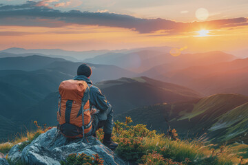 A man who hikers enjoy a break look at the top of the mountain at sunset adventure travel.