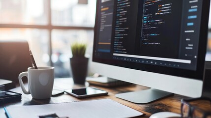 A close-up of a programmer's workspace, with a computer monitor displaying lines of code, a coffee mug, a pencil, and a notebook.