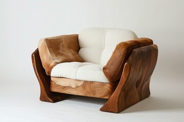 Modern armchair with white leather cushions and brown wood structure standing on white background