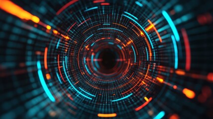Wall Mural - futuristic abstract tunnel of glowing neon lines in blue and orange, representing data flow and digi