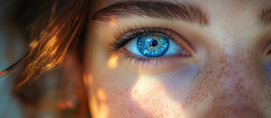 Sticker - Close-up of a woman's blue eye with freckles and sunlight reflecting on her face.