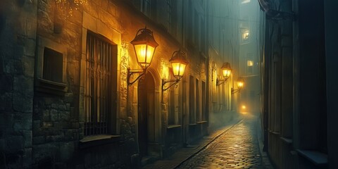 Canvas Print - Cobblestone alley lit by glowing street lamps.