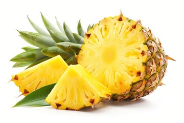 pineapple juicy yellow fruit with slices and leaf isolated on white background