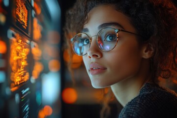 A young woman with curly hair and glasses looks intently at a screen displaying data and information, her expression focused and curious.